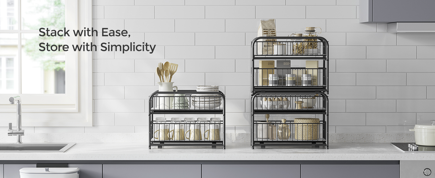 SONGMICS Cupboard Organiser, 2-Tier Under Sink Storage Organiser with Sliding Basket Drawers, Stackable, for Kitchen, Bathroom