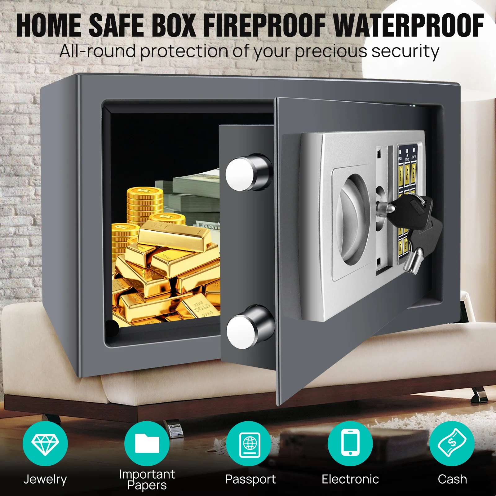Digital Electronic Security Safe Box with Digital Keypad, 8.5L Steel Construction Cash Safe for Home Office Hotel