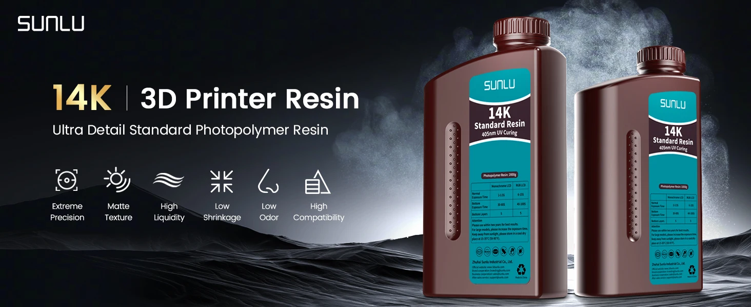SUNLU 5KG ABS-Like/ Standard / Water-Wash/ 14K High Precision Resin 405nm Rapid UV-Curing Photopolymer Resin 1KG/Bottle