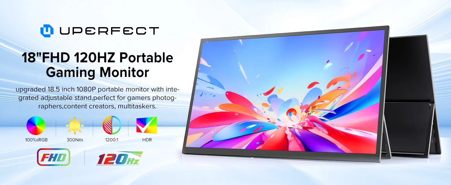UPERFECT 18.5 Inch Computer Gaming Display Portable Monitor 120HZ IPS Laptop HDMI USB C External Screen With VESA Adjust Stand