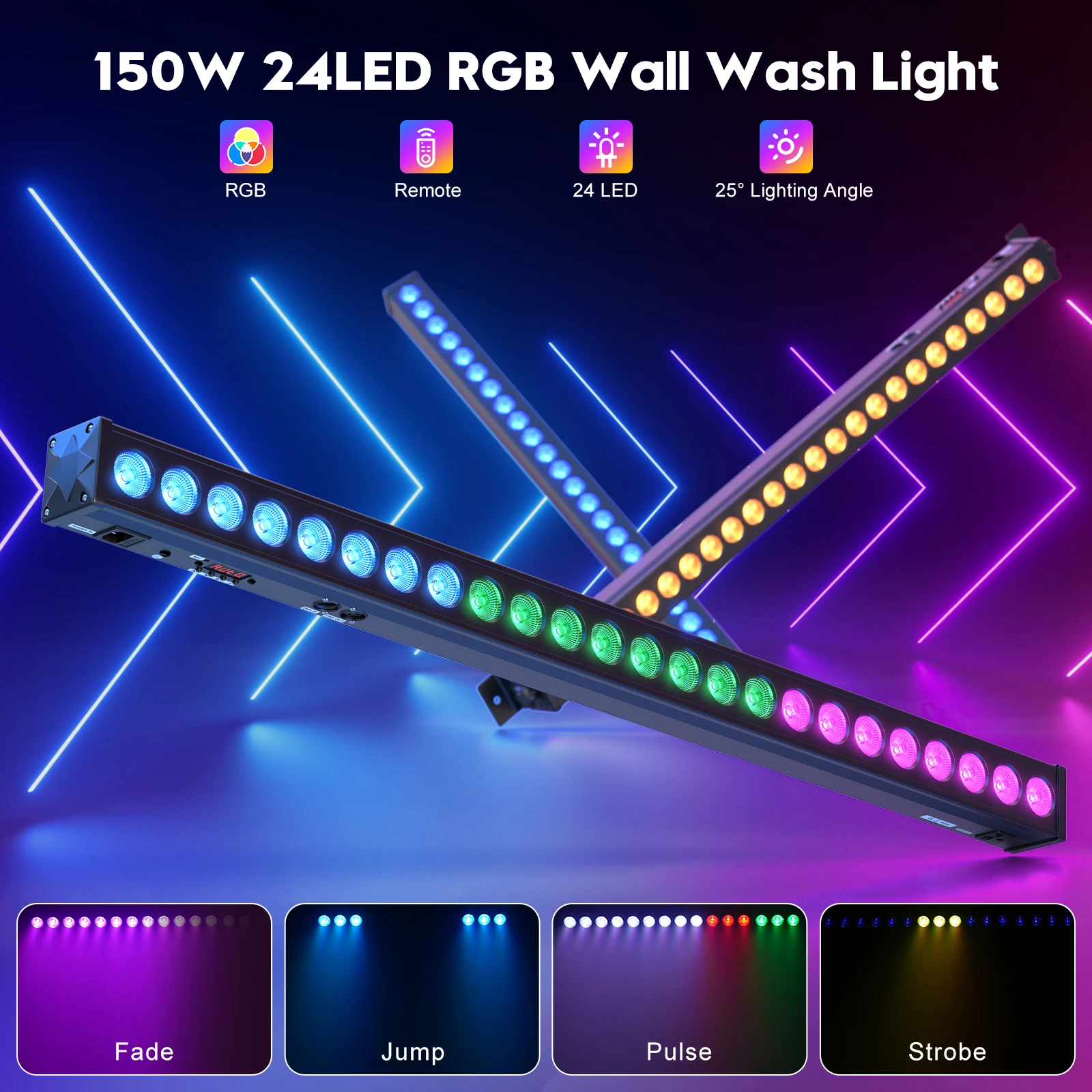 Gwong 150W RGB 24PCS LEDs Wall Washer Light Stage Effect Lighting with Remote Controller DMX Sound Mode for Pub Concert Party