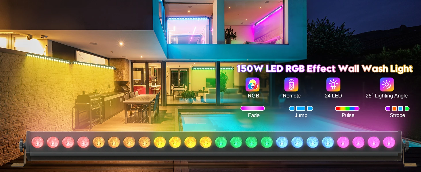 Gwong 150W RGB 24PCS LEDs Wall Washer Light Stage Effect Lighting with Remote Controller DMX Sound Mode for Pub Concert Party