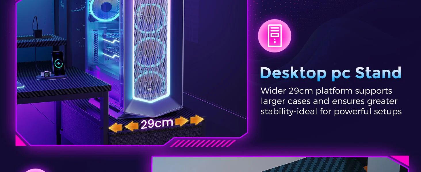 Coleshome Gaming Desk with Drawers & Display Shelves, Computer Desk with LED Lights & Sockets, 120×48 cm, Carbon Fiber Black