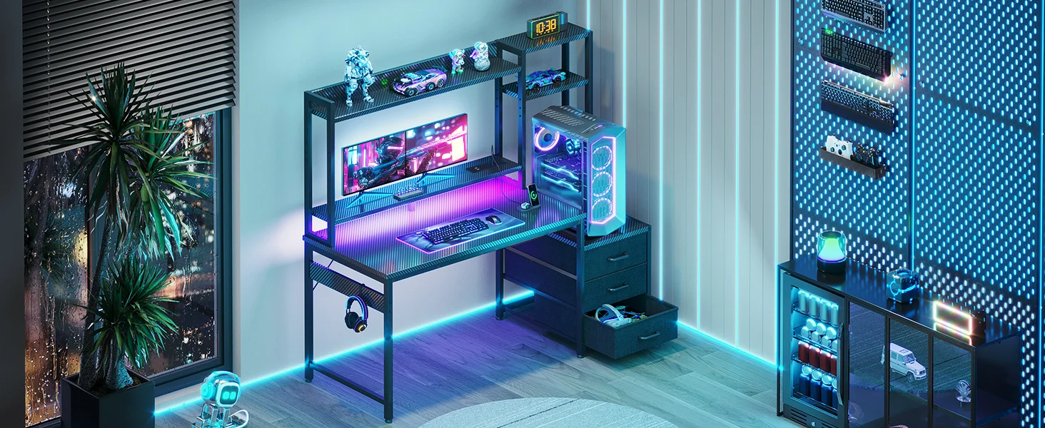 Coleshome Gaming Desk with Drawers & Display Shelves, Computer Desk with LED Lights & Sockets, 120×48 cm, Carbon Fiber Black