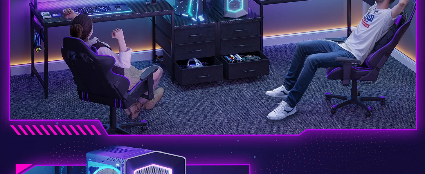 Coleshome Gaming Desk with Drawers & Display Shelves, Computer Desk with LED Lights & Sockets, 120×48 cm, Carbon Fiber Black