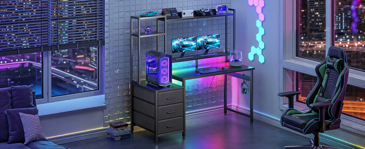 Coleshome Gaming Desk with Drawers & Display Shelves, Computer Desk with LED Lights & Sockets, 120×48 cm, Carbon Fiber Black