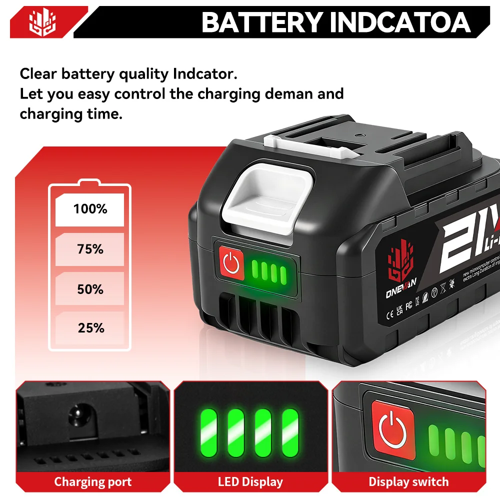 ONEVAN Rechargeable Lithium Ion Battery 15000mah Li-lon Battery Electric Chainsaw Wrench Power Tool For Makita 18V Battery Pin
