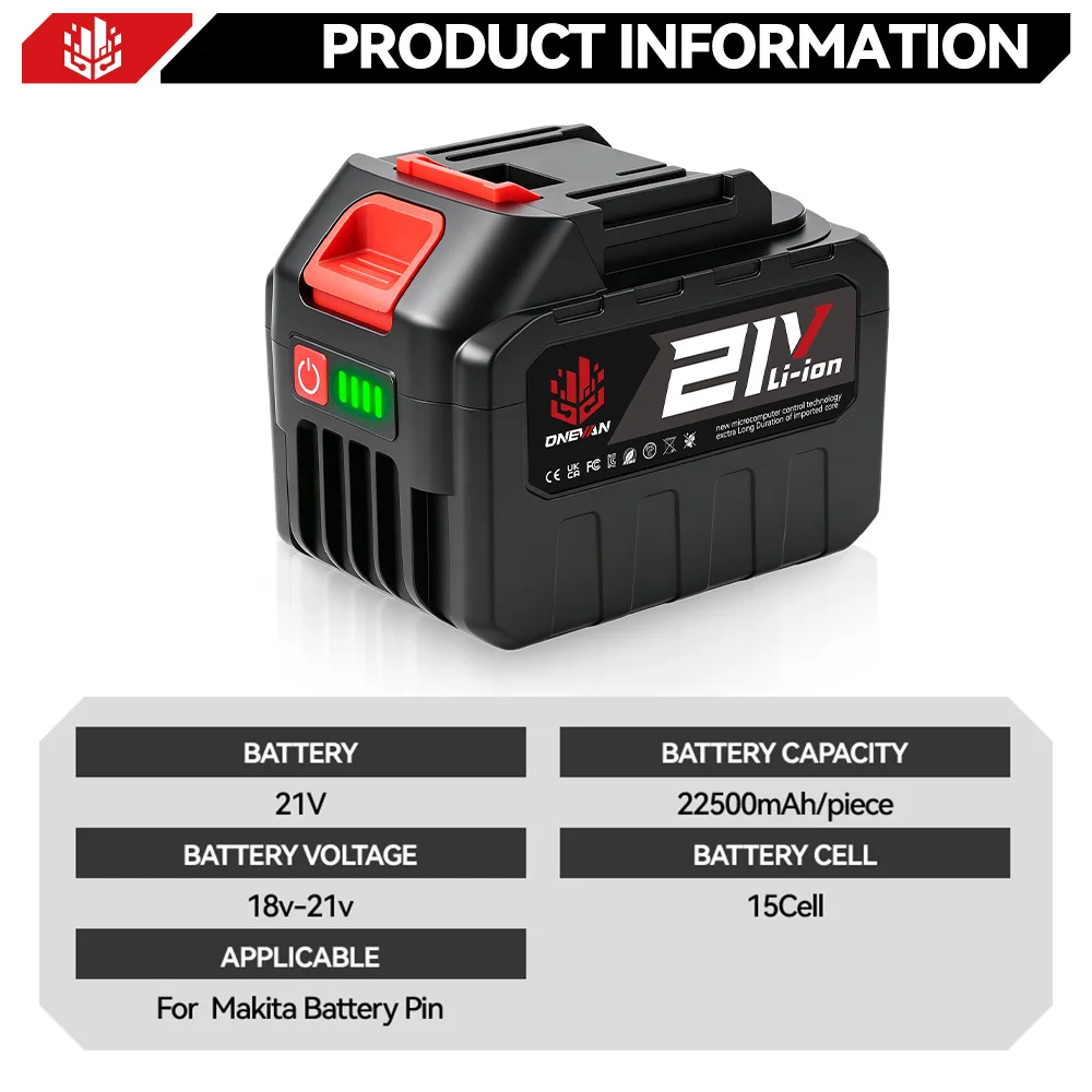 ONEVAN Rechargeable Lithium Ion Battery 15000mah Li-lon Battery Electric Chainsaw Wrench Power Tool For Makita 18V Battery Pin