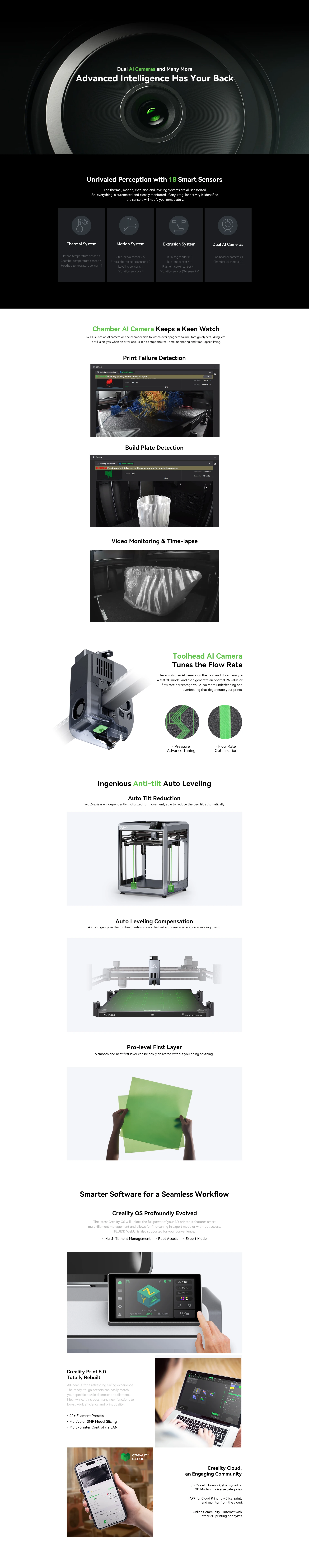 Creality K2 Plus Combo Multicolor 3D Printer 600mm/s Fast Printing Speed 350x350x350mm Cubed Print Size Dual AI Cameras K2plus