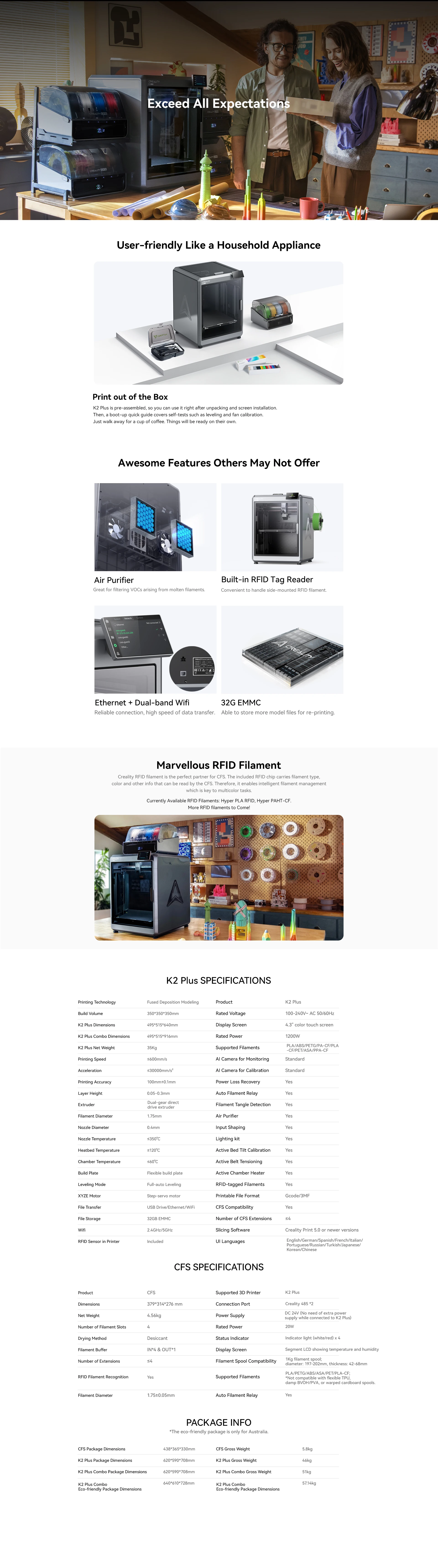 Creality K2 Plus Combo Multicolor 3D Printer 600mm/s Fast Printing Speed 350x350x350mm Cubed Print Size Dual AI Cameras K2plus