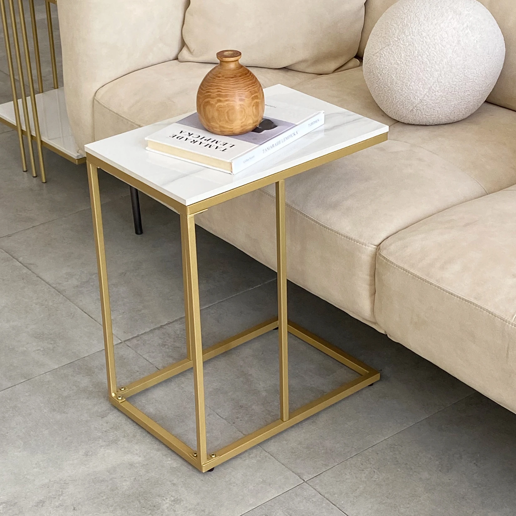 Marble Side End Table, C Shaped Couch, Coffee Table, Slide Under Sofa Bed, Indoor Gold Metal Frame
