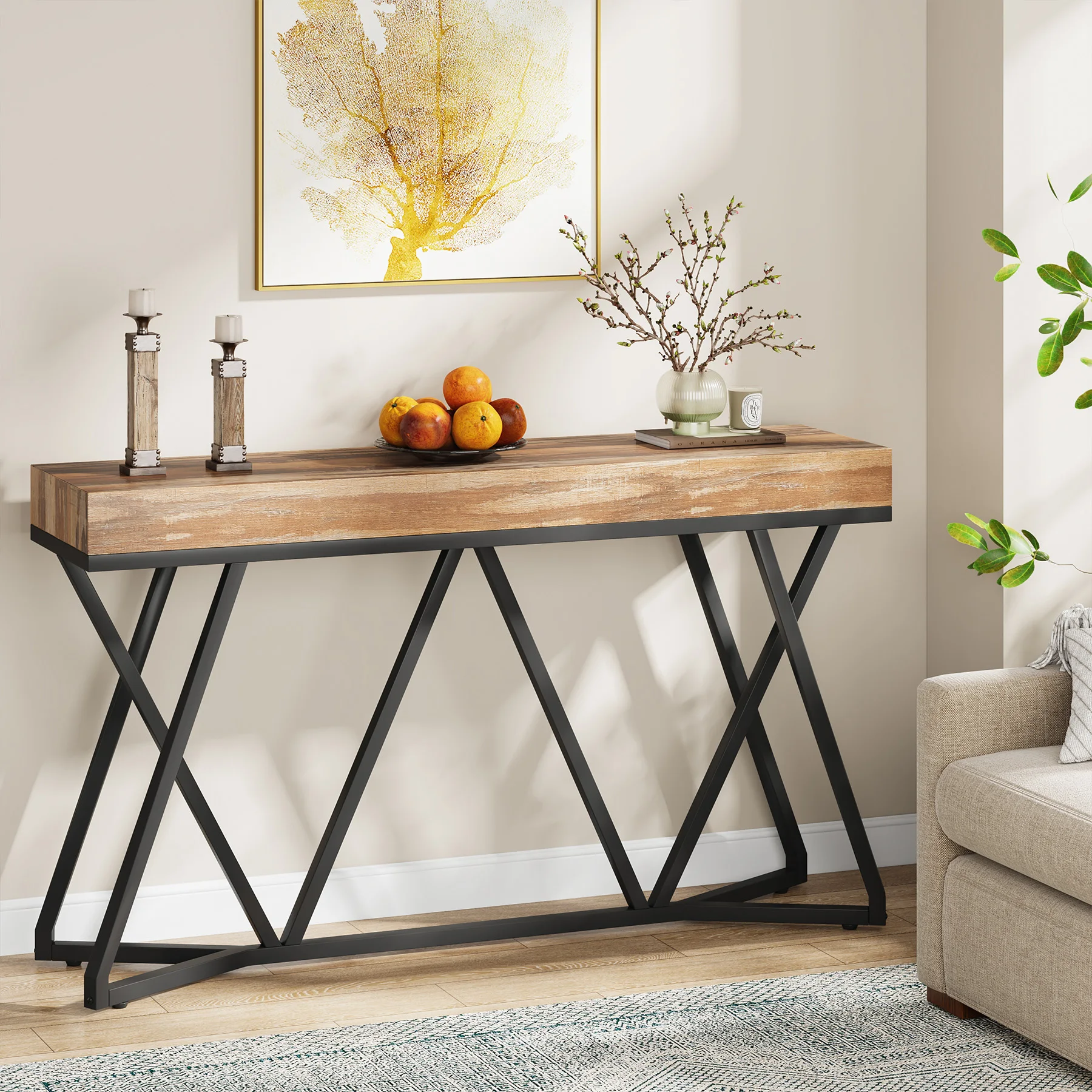 Tribesigns 55 Inches Console Table, Sofa Table Wood Entryway Table with Unique Metal Base