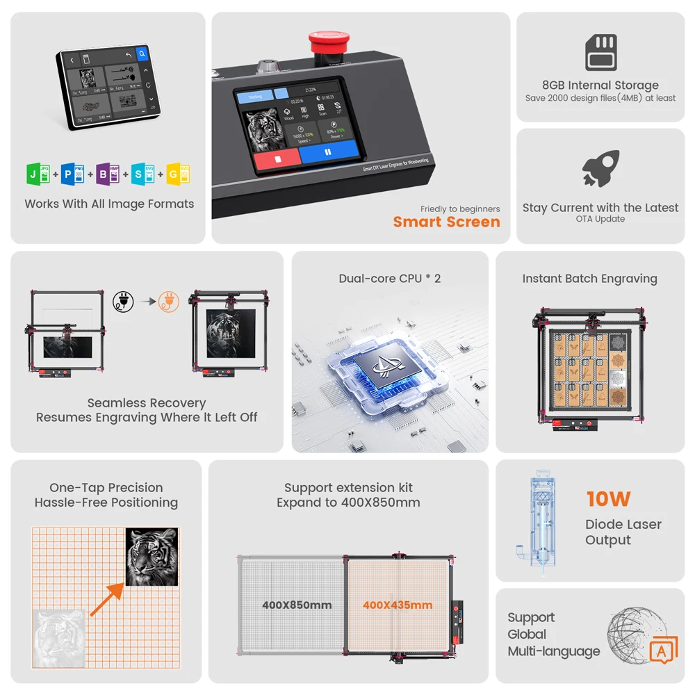 AlgoLaser Laser Engraving Machine DIY KIT MK2 10W High Precision Laser Spot Cutting Machine 3.5Inch Touch Screen Laser Engraver