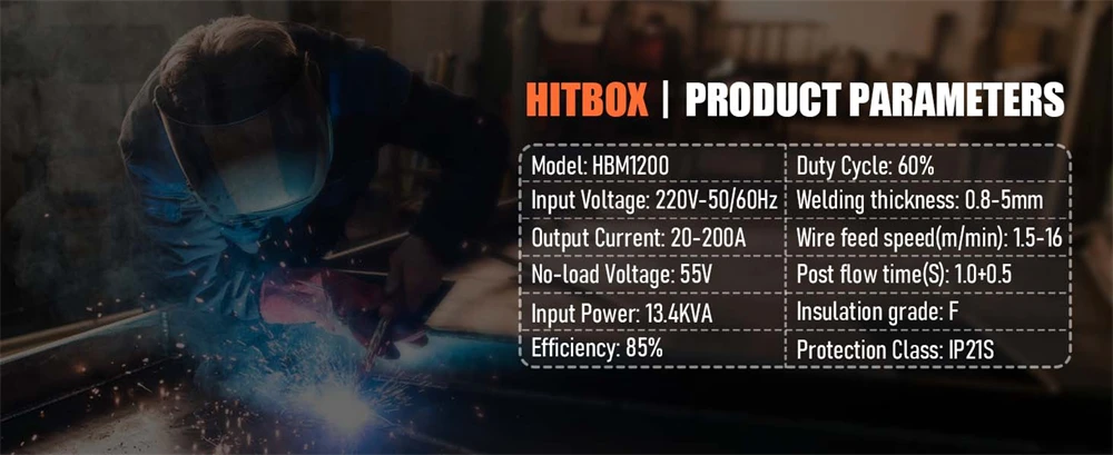 HITBOX MIG Welding Machine 220V 50/60Hz HBM1200 3 in 1 Semi-Automatic Inverter Welder Large Display ARC/MIG/Lift TIG Gasless Soldering Outdoor Home Welder for Carbon Steel Stainless Steel