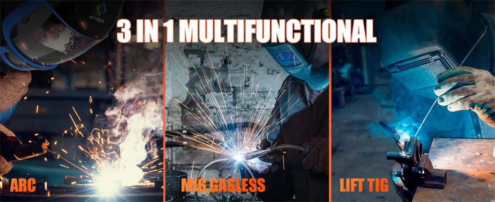 HITBOX MIG Welding Machine 220V 50/60Hz HBM1200 3 in 1 Semi-Automatic Inverter Welder Large Display ARC/MIG/Lift TIG Gasless Soldering Outdoor Home Welder for Carbon Steel Stainless Steel