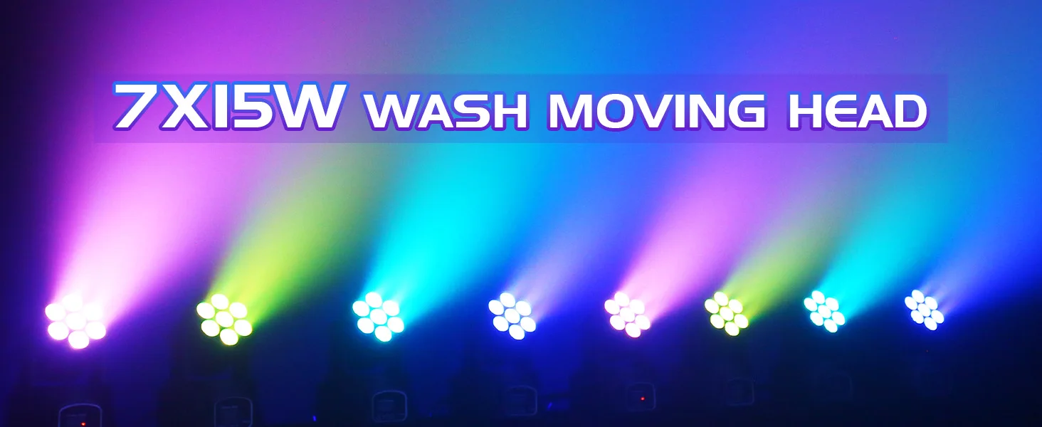 Gwong 7x15W LED Moving Head Light 4 IN 1 RGBW Professional Stage Effect Wash Light for Disco DJ Party Music Dance Club 9/14CH DMX512