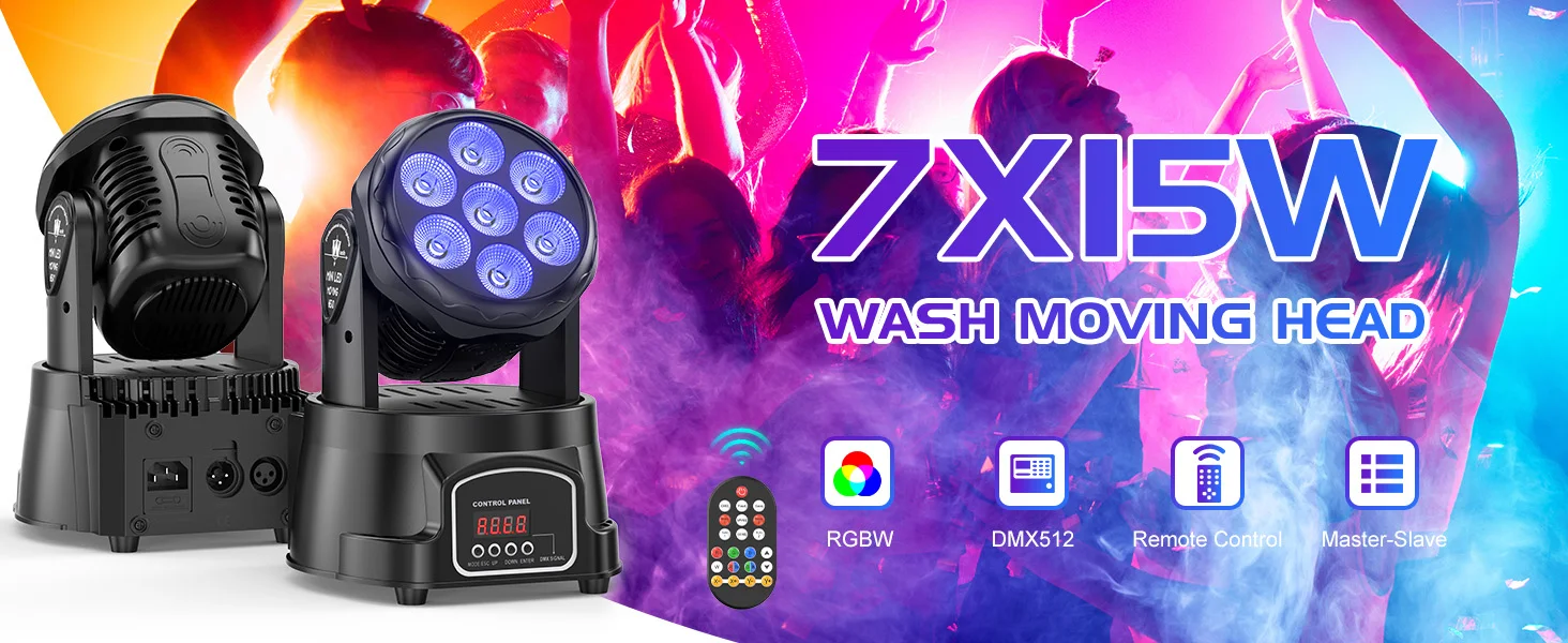 Gwong 7x15W LED Moving Head Light 4 IN 1 RGBW Professional Stage Effect Wash Light for Disco DJ Party Music Dance Club 9/14CH DMX512