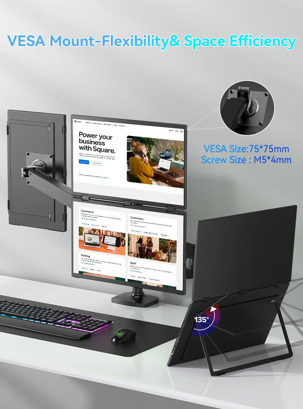 UPERFECT Delta 18.5" 100Hz Dual Portable Monitor for Laptop Screen Extender 1080P HDR 360° Folding Stacked Triple Monitor VESA
