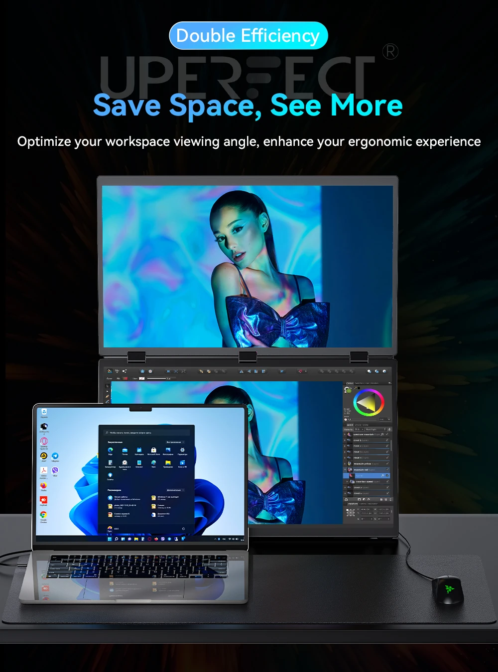 UPERFECT Delta 18.5" 100Hz Dual Portable Monitor for Laptop Screen Extender 1080P HDR 360° Folding Stacked Triple Monitor VESA