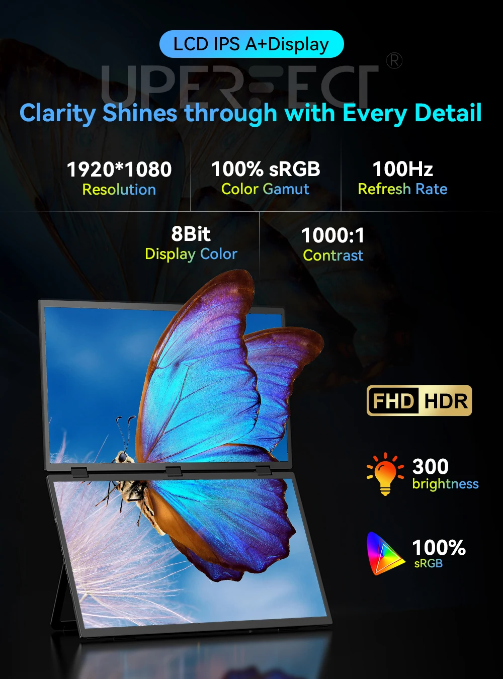 UPERFECT Delta 18.5" 100Hz Dual Portable Monitor for Laptop Screen Extender 1080P HDR 360° Folding Stacked Triple Monitor VESA
