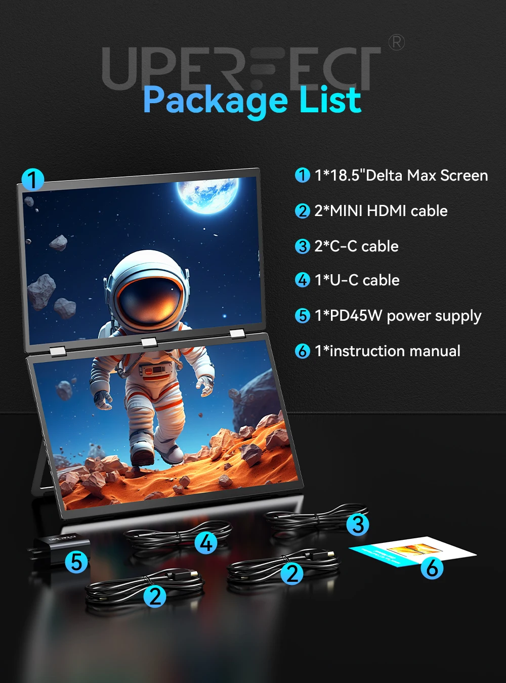 UPERFECT Delta 18.5" 100Hz Dual Portable Monitor for Laptop Screen Extender 1080P HDR 360° Folding Stacked Triple Monitor VESA