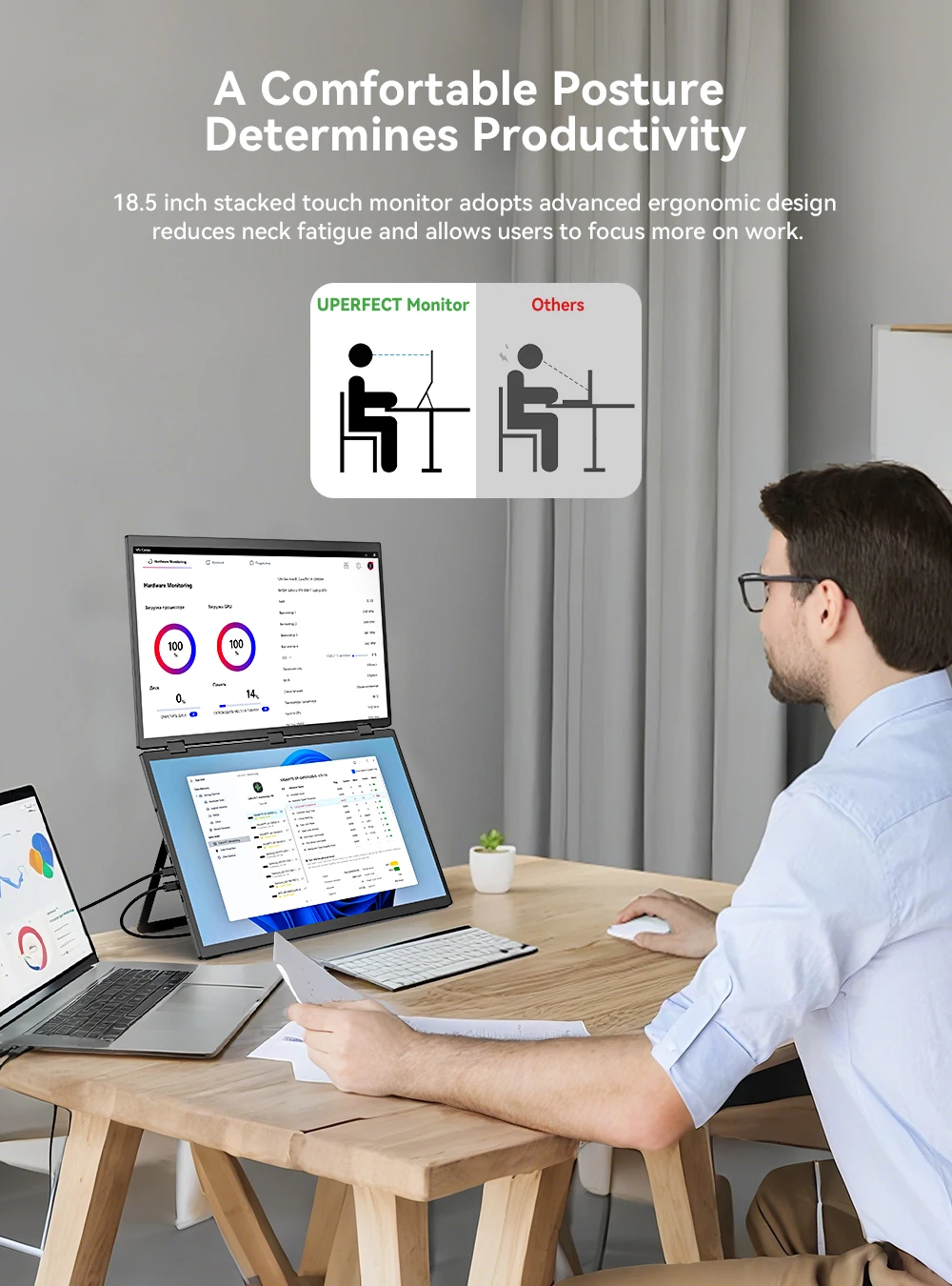 UPERFECT Delta 18.5" 100Hz Dual Portable Monitor for Laptop Screen Extender 1080P HDR 360° Folding Stacked Triple Monitor VESA