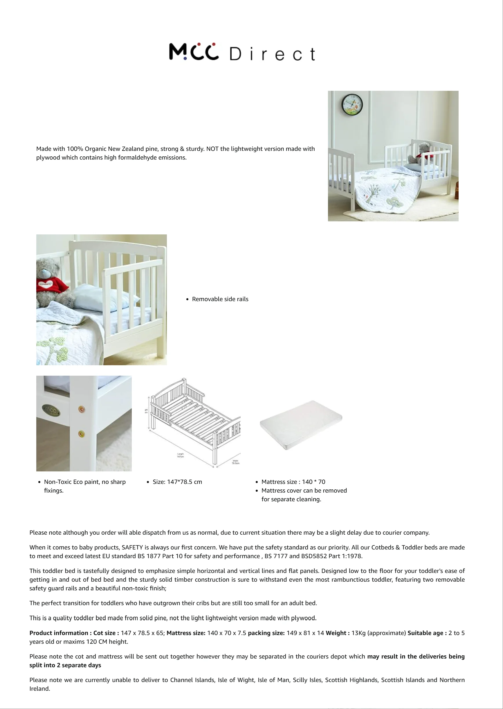 mcc direct White Solid Wooden Junior Toddler Kids Bed Montana with Foam Mattress and Safety Wooden Barrier (147 x 87.5 cm)