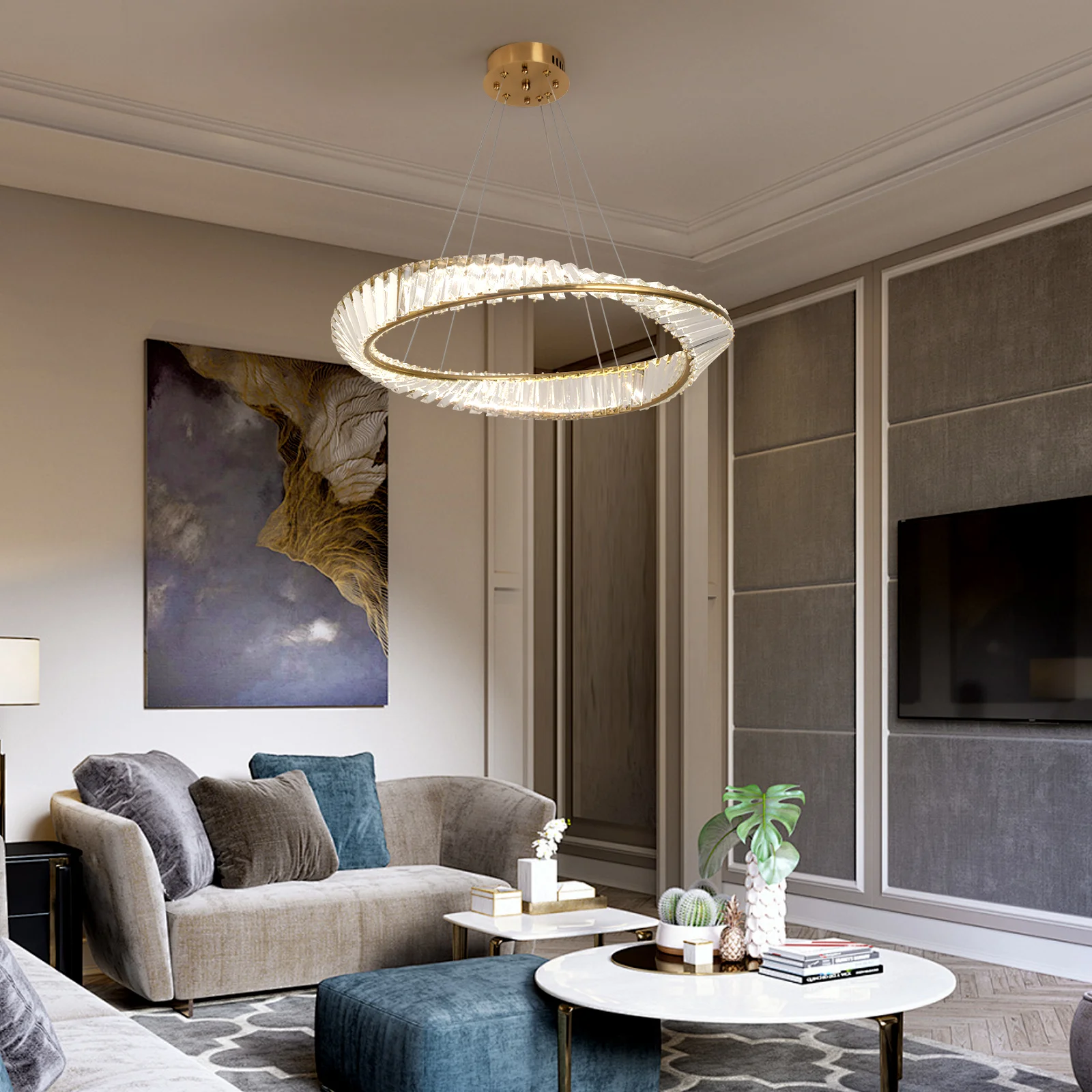 Crystal Circle Pendant Light Modern Indoor Lighting Ceiling Chandeiler Lamp Living Room LED Tricolored Hanging Lamps Luxury Flus