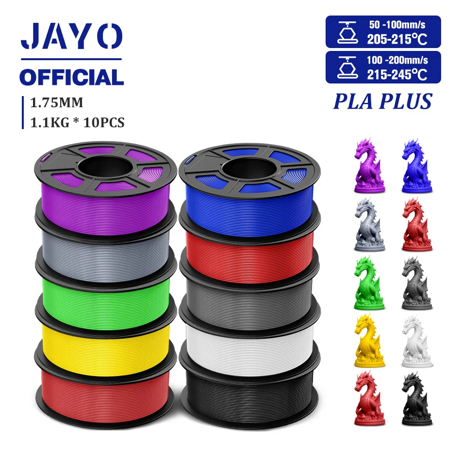 JAYO 2.0 PLA Plus 3D Filament 1.75MM 10 Rolls PLA + 3D Printer Filament Neatly Wound 3D Printing Filament High Toughness