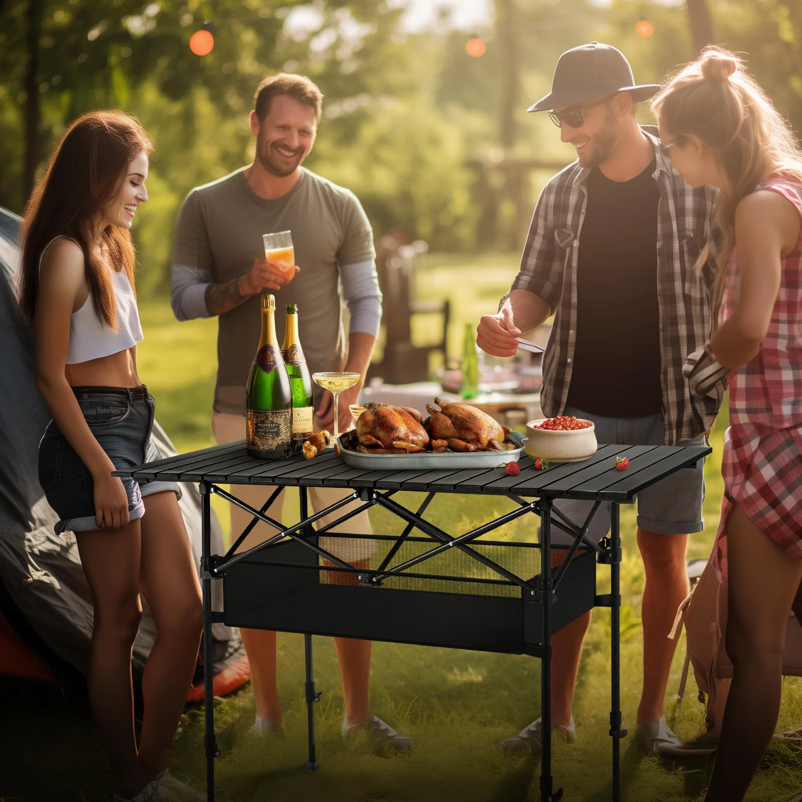 Portable Aluminum Camping Table with Under-Table Storage Organizer for Outdoor Activities, Picnics, Barbecues, Parties