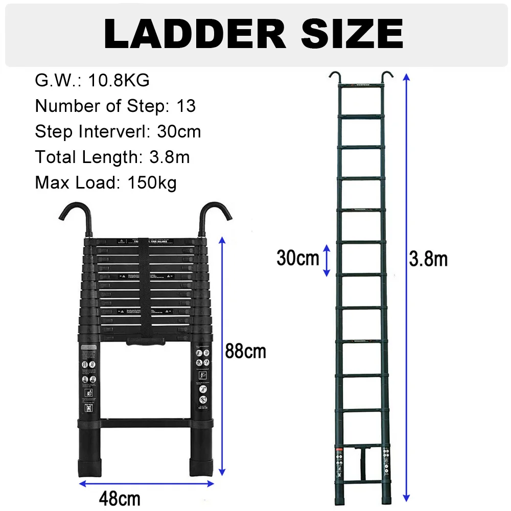 Aluminium Extendable ladder with 2 Detachable Hooks, Non-slip Multi-purpose for Home and Outdoor, 150kg Load Capacity, EN131