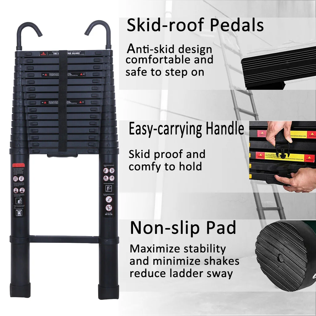 Aluminium Extendable ladder with 2 Detachable Hooks, Non-slip Multi-purpose for Home and Outdoor, 150kg Load Capacity, EN131