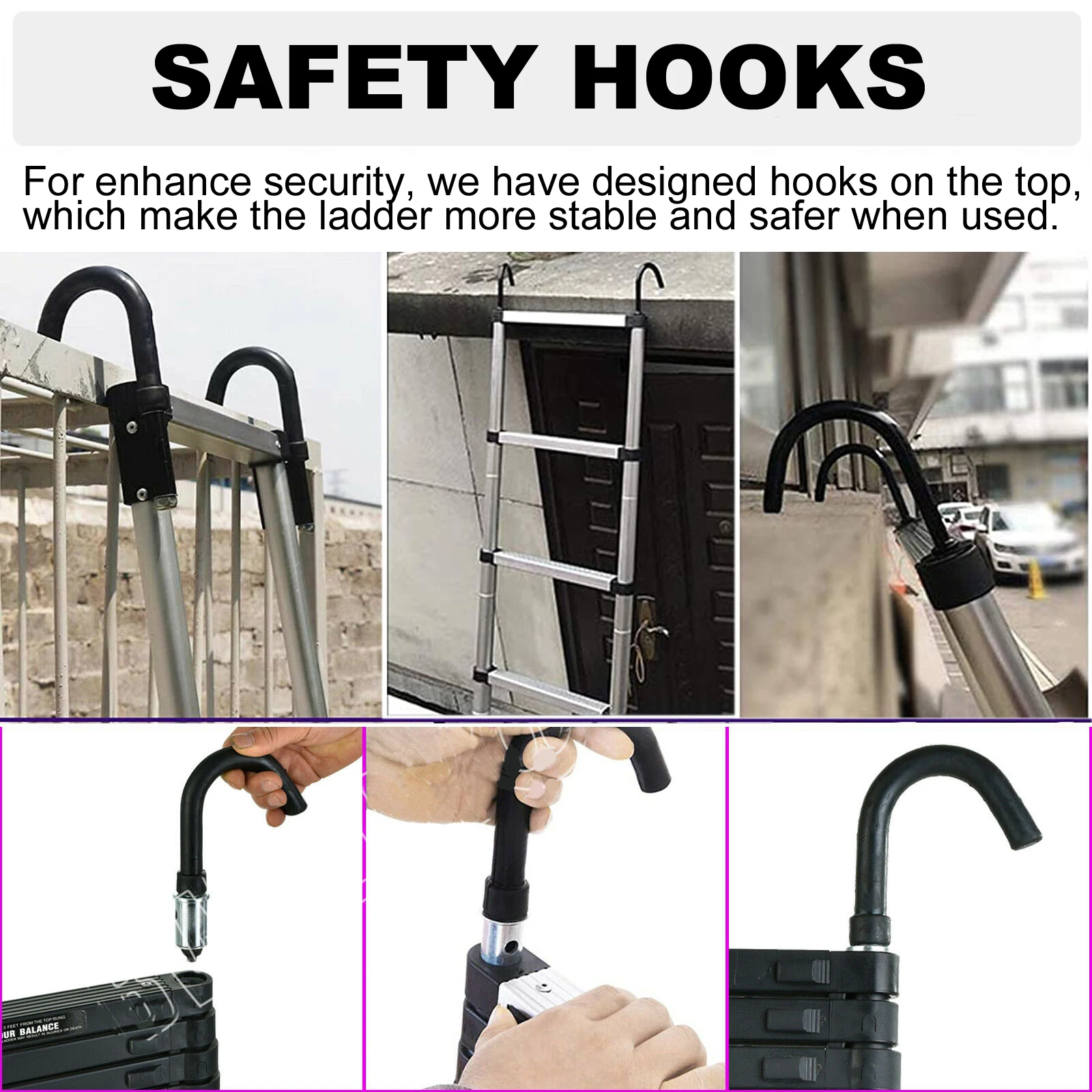 Aluminium Extendable ladder with 2 Detachable Hooks, Non-slip Multi-purpose for Home and Outdoor, 150kg Load Capacity, EN131