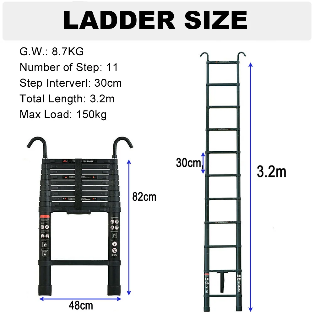 Aluminium Extendable ladder with 2 Detachable Hooks, Non-slip Multi-purpose for Home and Outdoor, 150kg Load Capacity, EN131