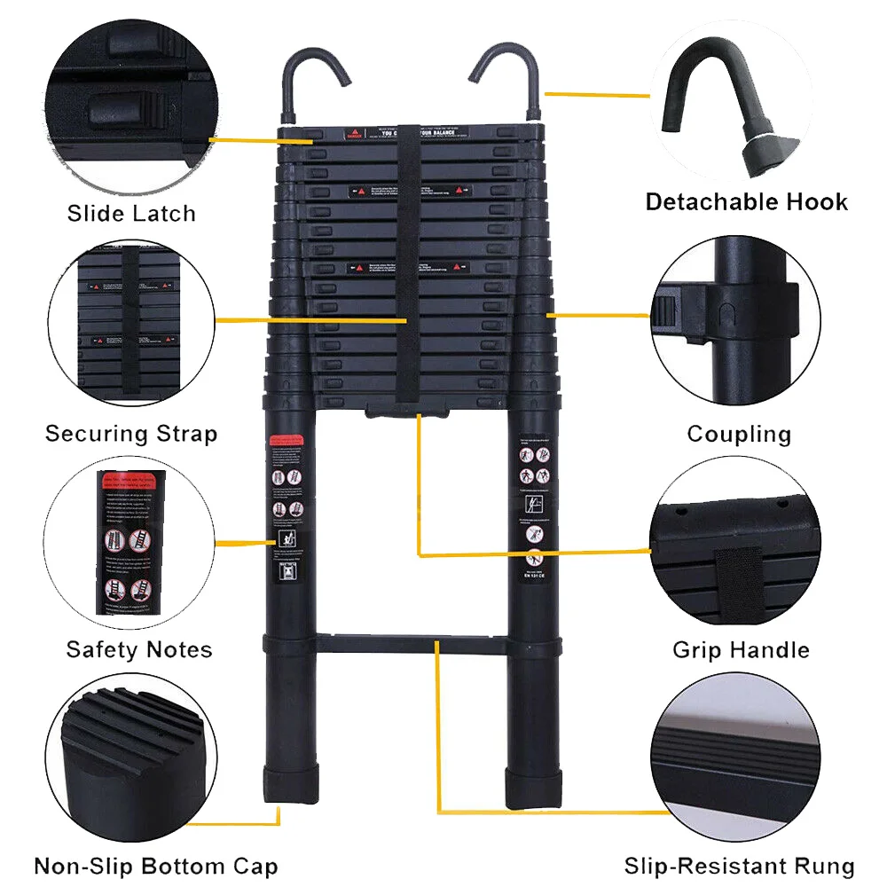 Aluminium Extendable ladder with 2 Detachable Hooks, Non-slip Multi-purpose for Home and Outdoor, 150kg Load Capacity, EN131