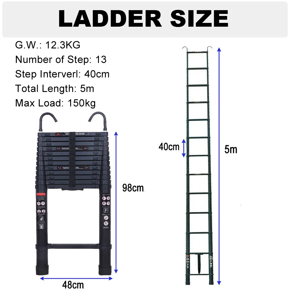 Aluminium Extendable ladder with 2 Detachable Hooks, Non-slip Multi-purpose for Home and Outdoor, 150kg Load Capacity, EN131