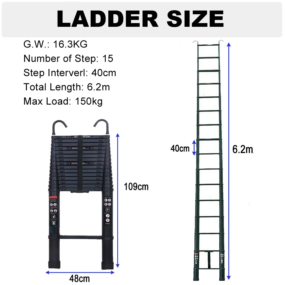Aluminium Extendable ladder with 2 Detachable Hooks, Non-slip Multi-purpose for Home and Outdoor, 150kg Load Capacity, EN131