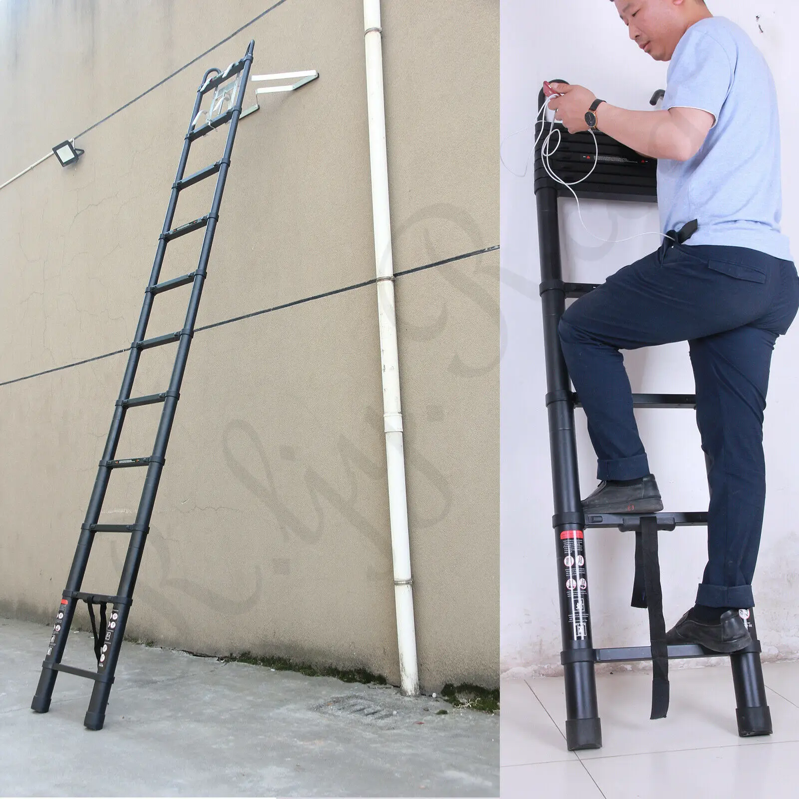 Aluminium Extendable ladder with 2 Detachable Hooks, Non-slip Multi-purpose for Home and Outdoor, 150kg Load Capacity, EN131