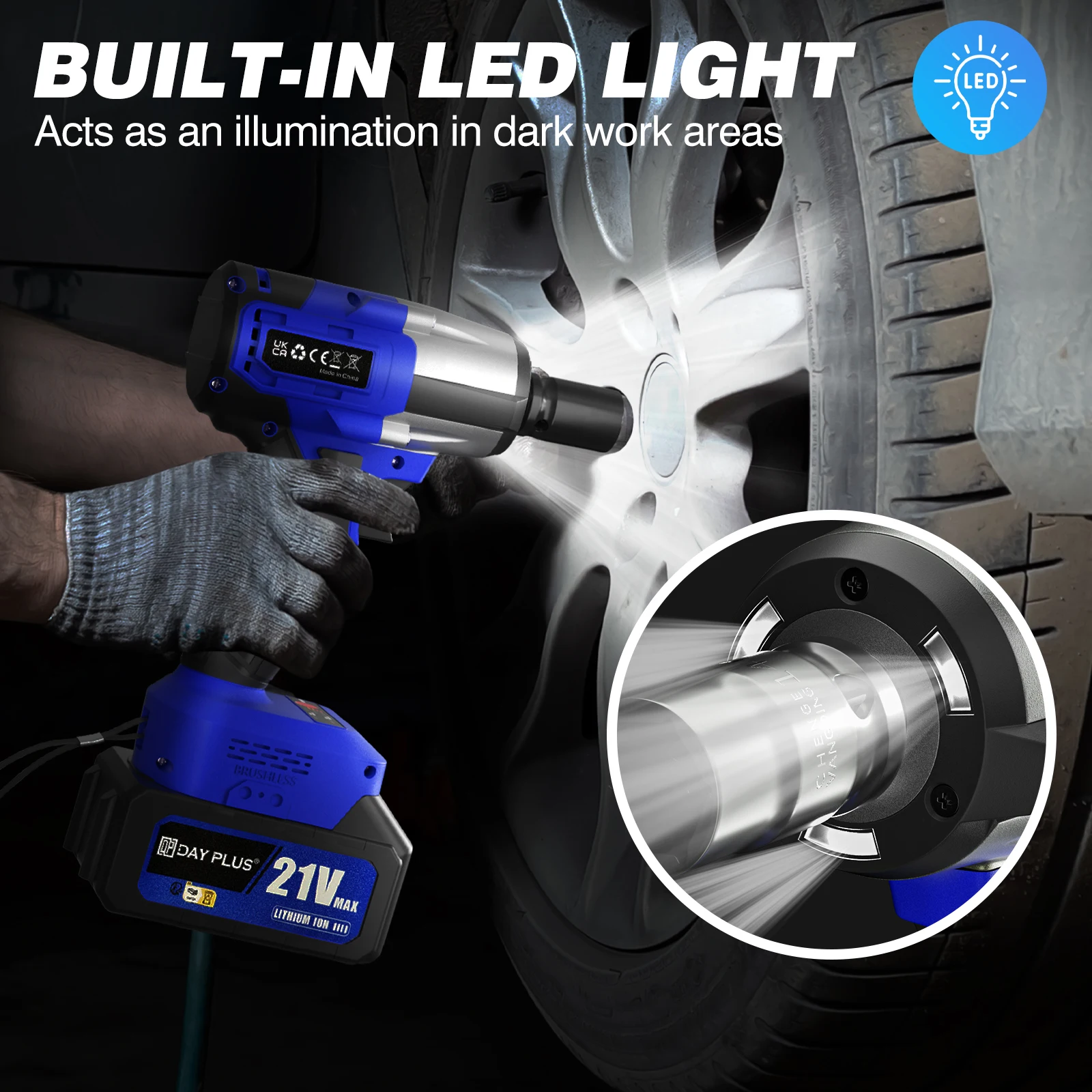 DayPlus Cordless Impact Wrench 1/2 inch, Brushless Impact Gun 450N.m High Torque, 3200rpm Variable Speed with 4 Socket Sets