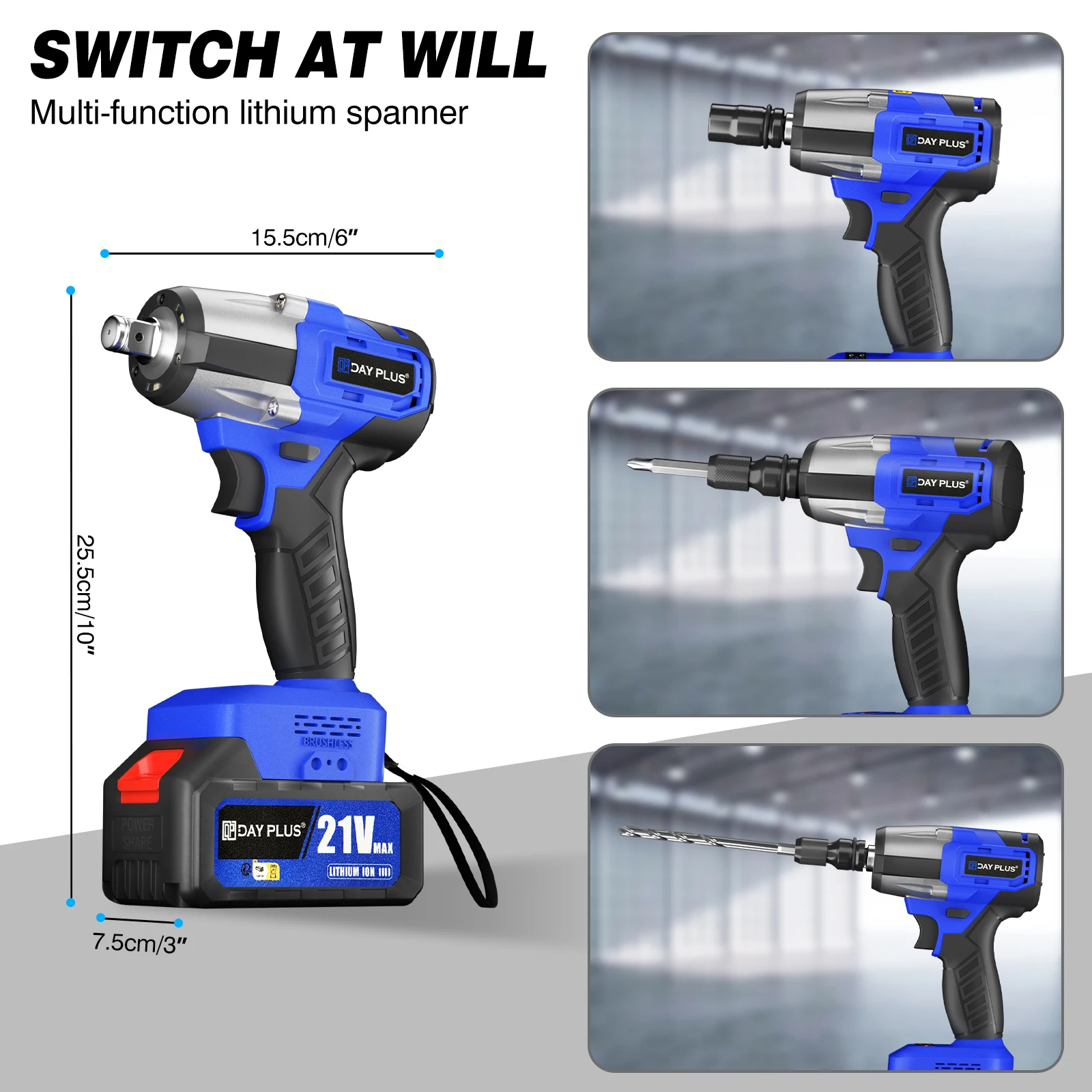 DayPlus Cordless Impact Wrench 1/2 inch, Brushless Impact Gun 450N.m High Torque, 3200rpm Variable Speed with 4 Socket Sets