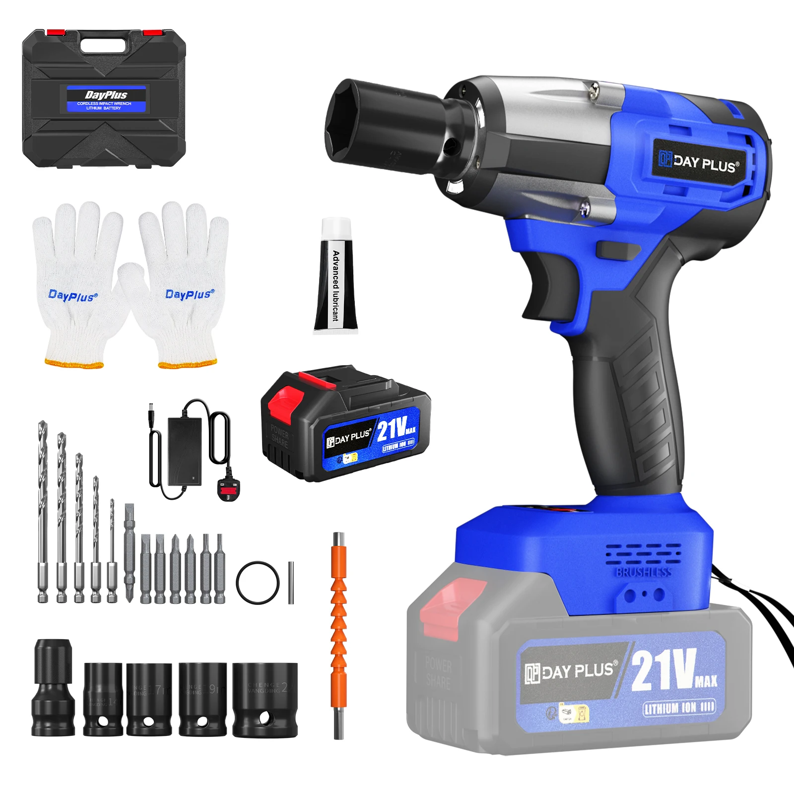 DayPlus Cordless Impact Wrench 1/2 inch, Brushless Impact Gun 450N.m High Torque, 3200rpm Variable Speed with 4 Socket Sets