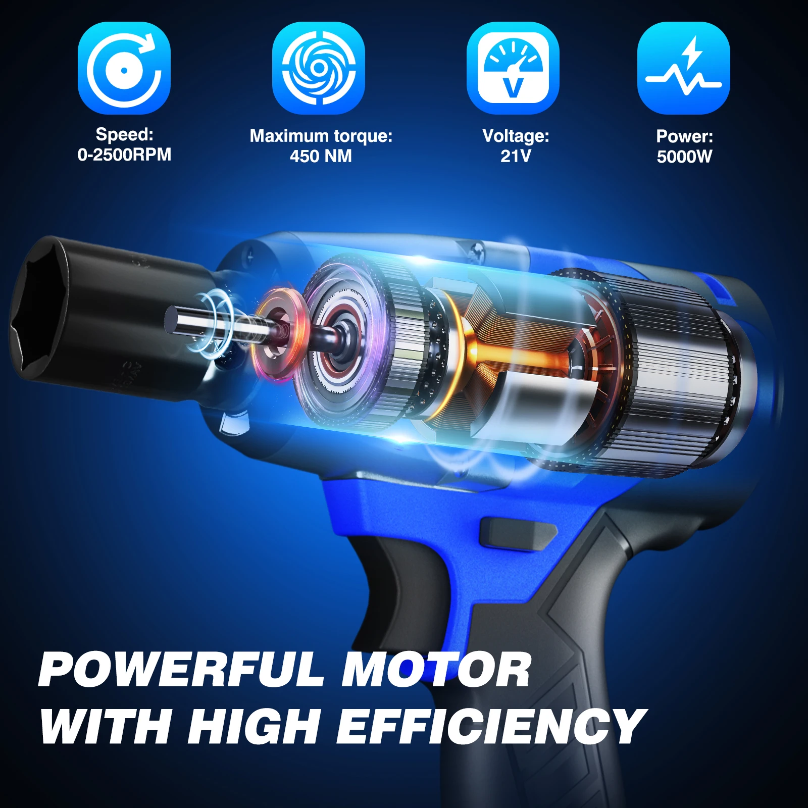 DayPlus Cordless Impact Wrench 1/2 inch, Brushless Impact Gun 450N.m High Torque, 3200rpm Variable Speed with 4 Socket Sets