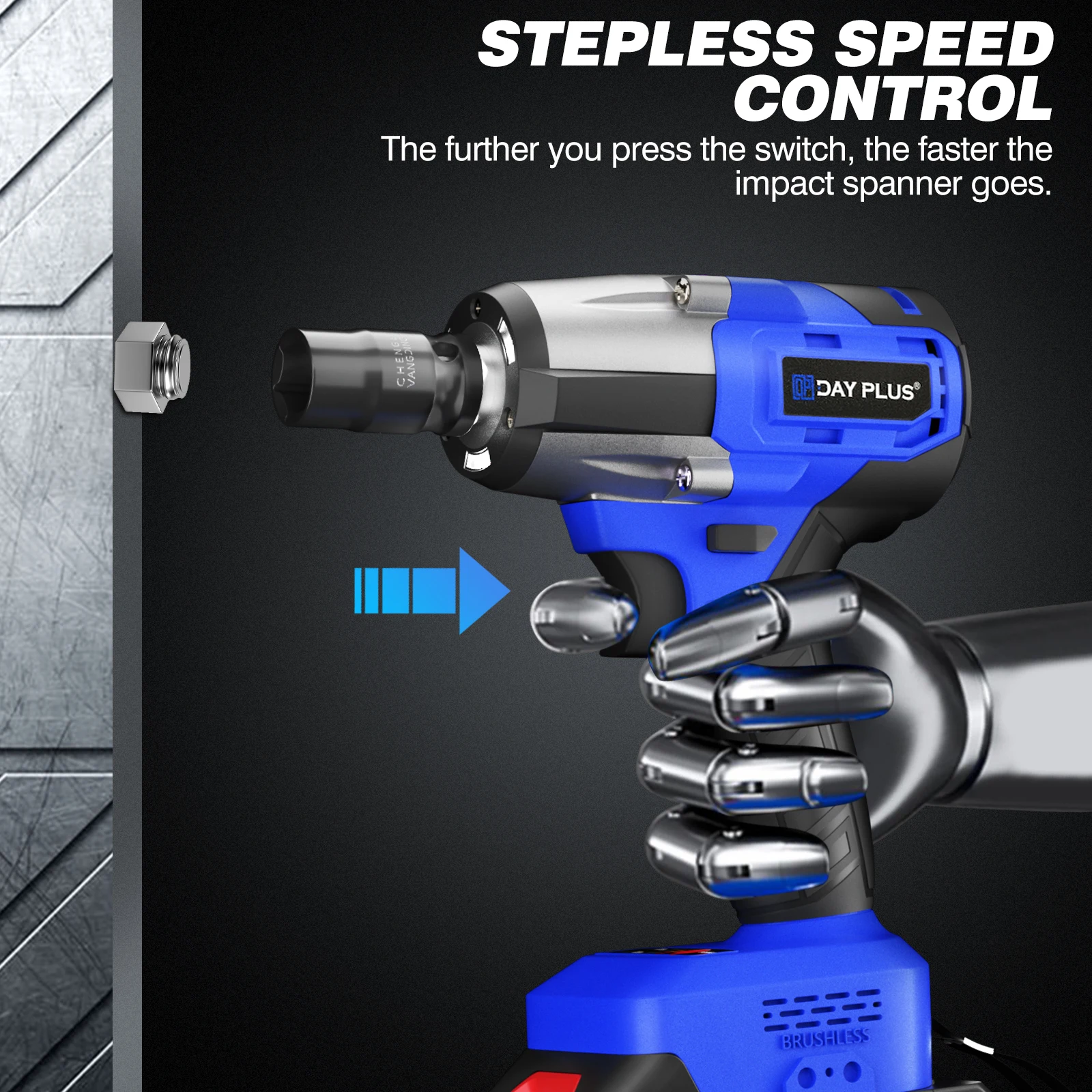 DayPlus Cordless Impact Wrench 1/2 inch, Brushless Impact Gun 450N.m High Torque, 3200rpm Variable Speed with 4 Socket Sets
