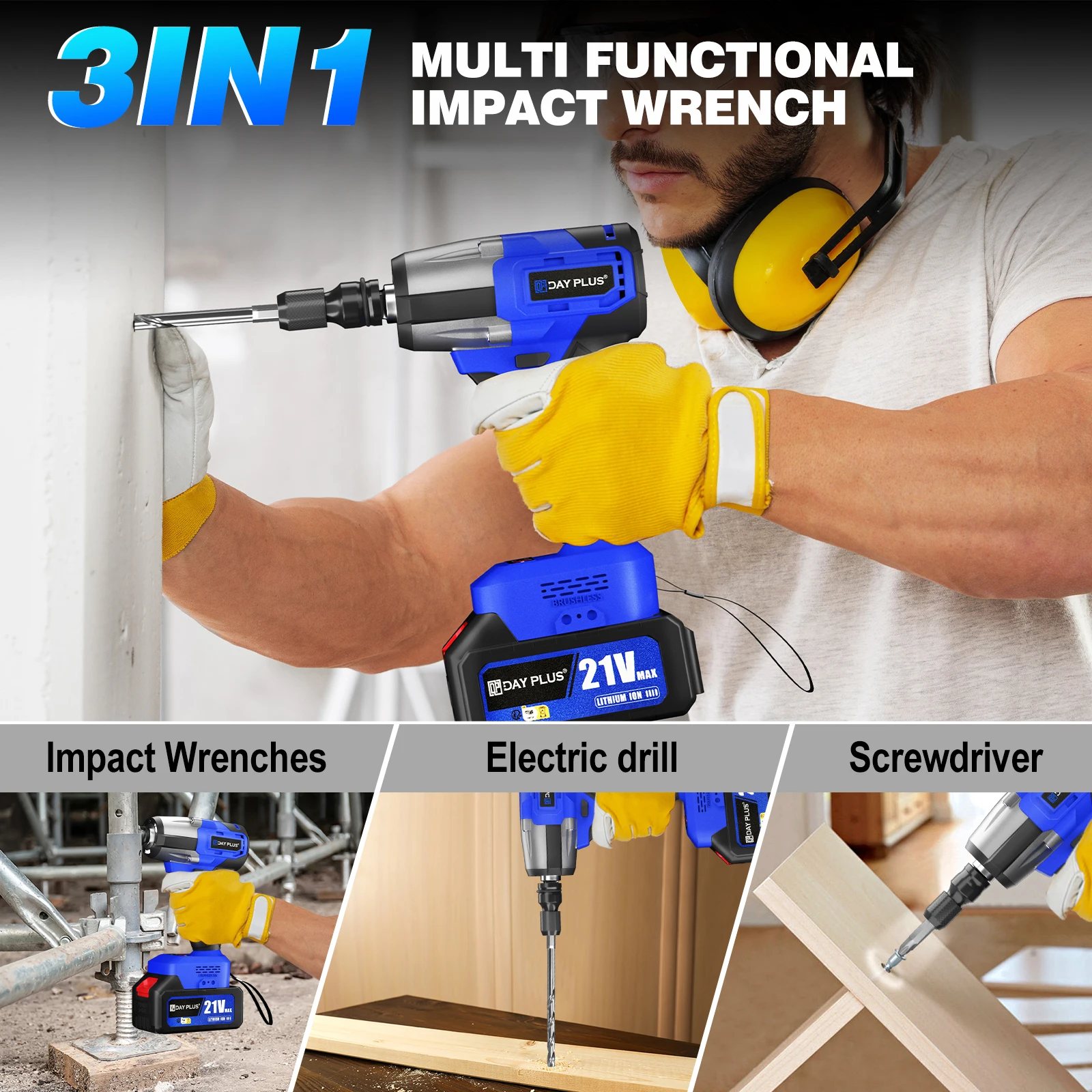 DayPlus Cordless Impact Wrench 1/2 inch, Brushless Impact Gun 450N.m High Torque, 3200rpm Variable Speed with 4 Socket Sets