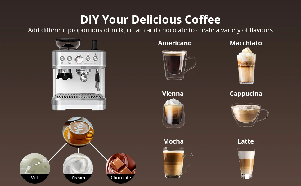 Coffee Machine with Milk Frother ALL-in-One Espresso Machine with Grinder Latte Cappuccino 15 Bar Italian Pump 2.3 L Water Tank