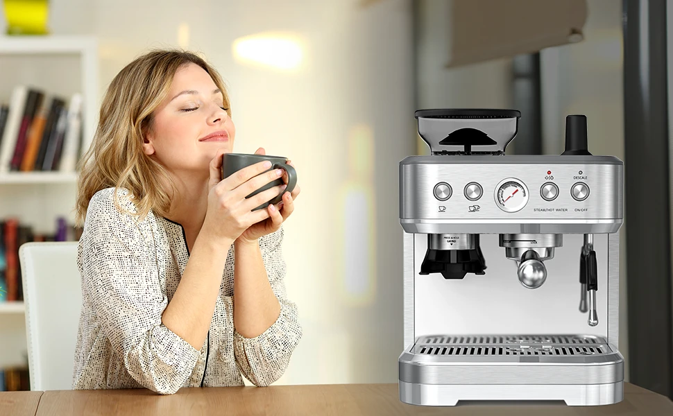 Coffee Machine with Milk Frother ALL-in-One Espresso Machine with Grinder Latte Cappuccino 15 Bar Italian Pump 2.3 L Water Tank
