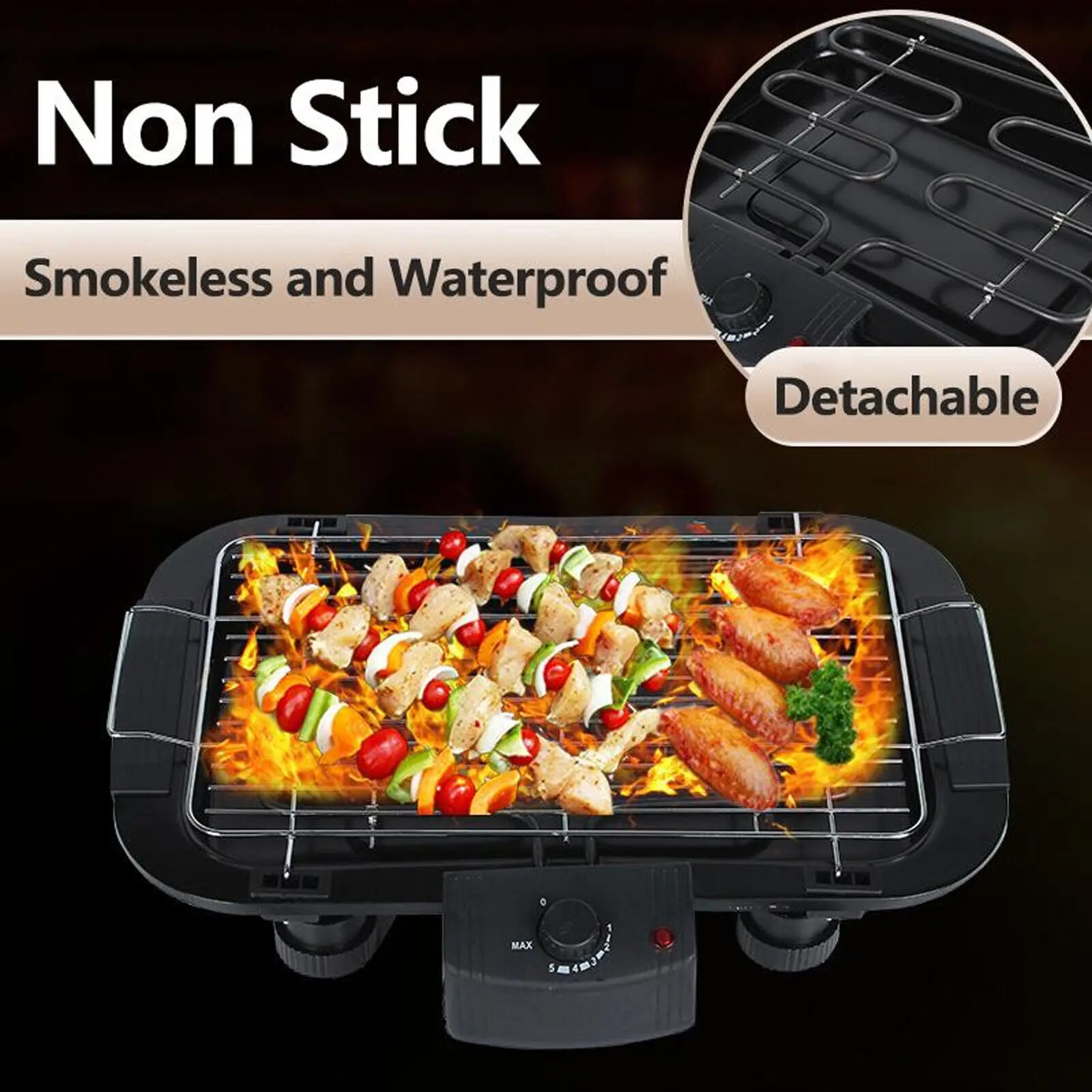 DayPlus Electric Smokeless Grill, 1500W Electric Indoor BBQ Barbecue Grill, Household Cooking&Adjustable Temperature&Drip Tray