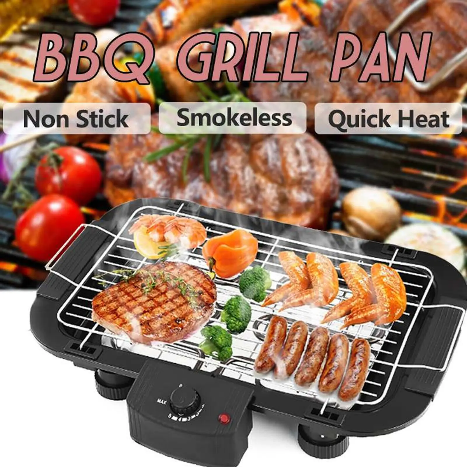 DayPlus Electric Smokeless Grill, 1500W Electric Indoor BBQ Barbecue Grill, Household Cooking&Adjustable Temperature&Drip Tray