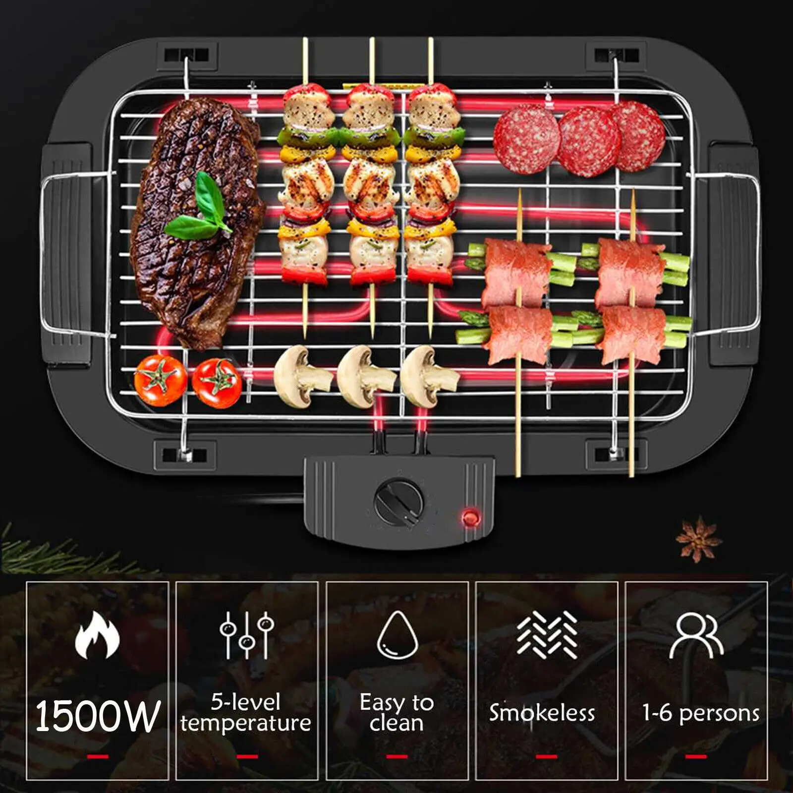 DayPlus Electric Smokeless Grill, 1500W Electric Indoor BBQ Barbecue Grill, Household Cooking&Adjustable Temperature&Drip Tray