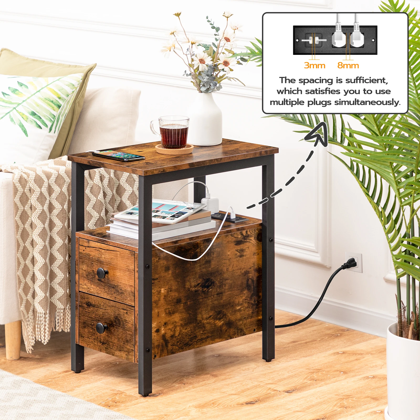 HOOBRO End Table With Charging Station Narrow Side Table With 2Drawer And USB Port And Power Outlets Nightstand For Small Space